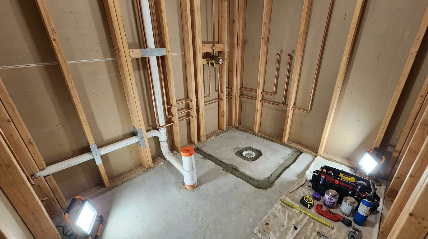 Bathroom rough-in plumbing during remodel by Johns Plumbing LLC in Oakwood