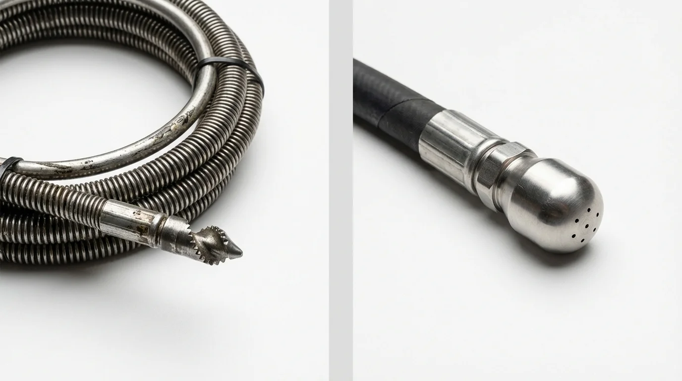 Drain snake cable and hydro jetting nozzle used for drain cleaning in Oakwood, OH