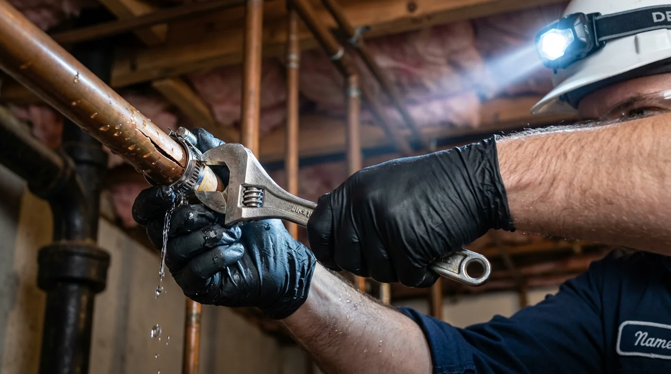 Emergency pipe clamp repair being performed by a Johns Plumbing LLC plumber in Oakwood