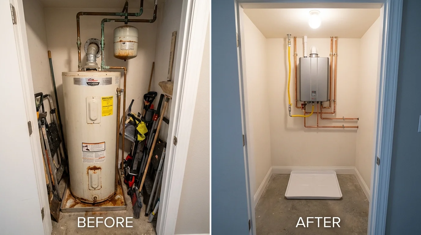Tank water heater versus wall-mounted tankless unit comparison for Oakwood, OH homeowners