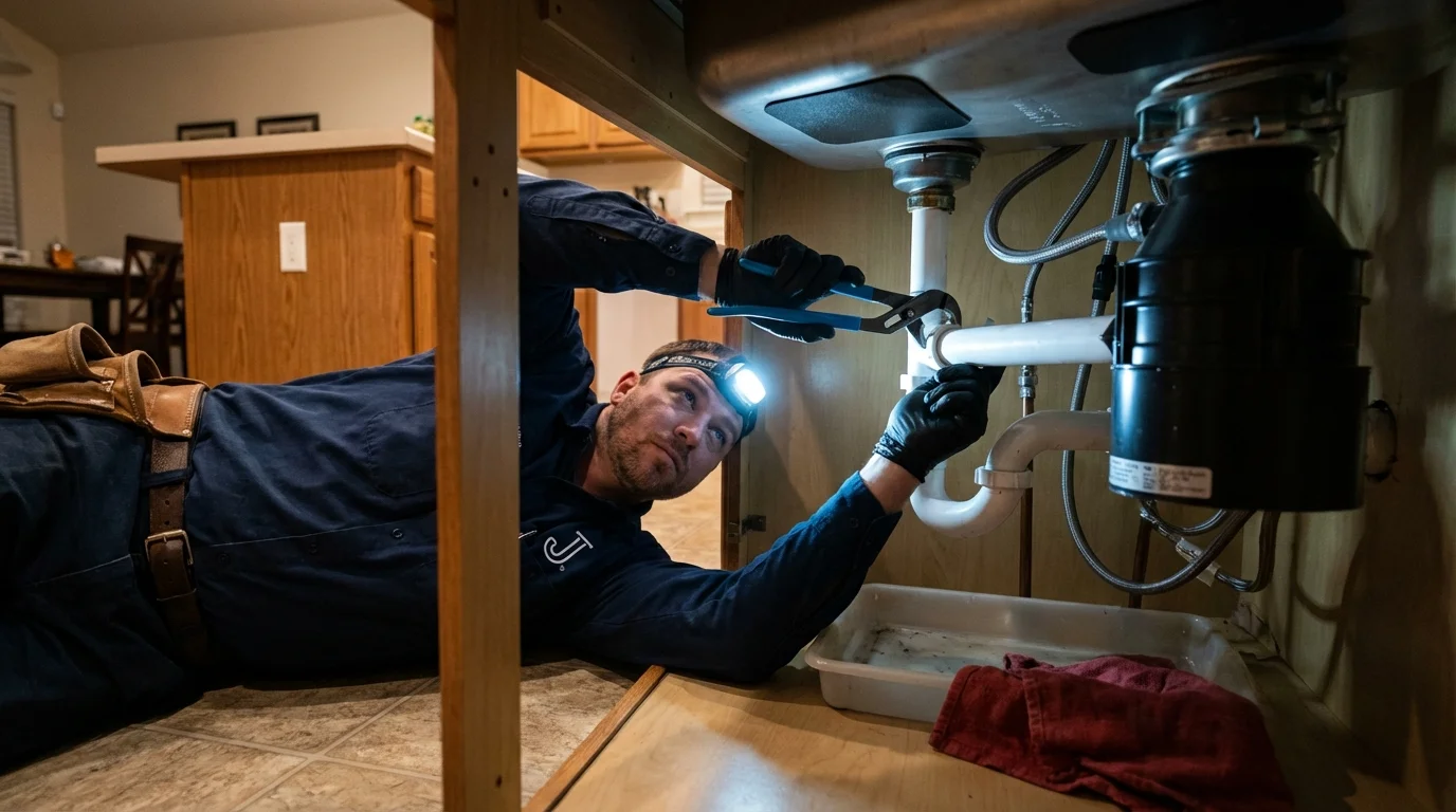 P-trap and supply line connections under a kitchen sink showing a common leak point in Oakwood, OH